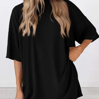 Full Size Oversized Slit Round Neck Top and Shorts Lounge Set Plus Size in black with relaxed fit.