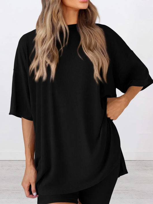 Full Size Oversized Slit Round Neck Top and Shorts Lounge Set Plus Size in black with relaxed fit.
