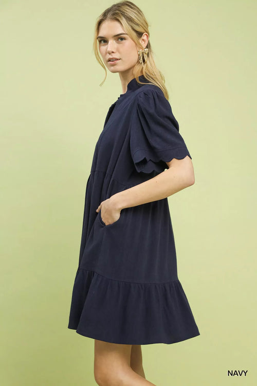Umgee Linen Tiered Babydoll Dress with Scalloped Sleeves