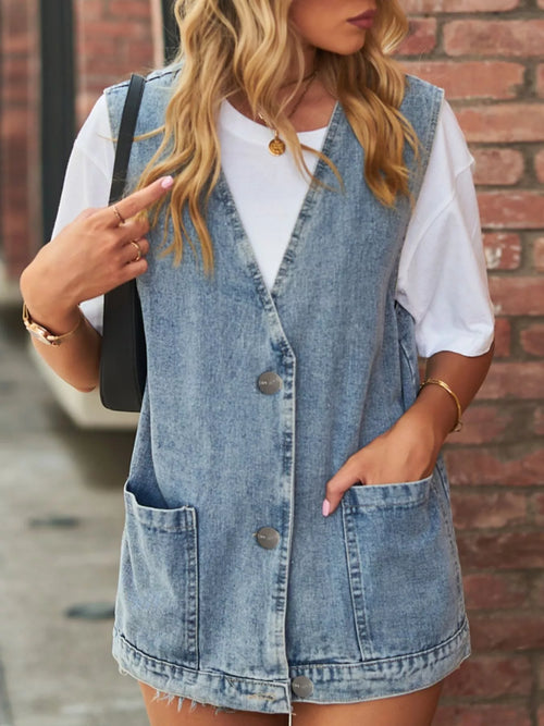 Sleeveless Button-Down Denim Jacket Vest