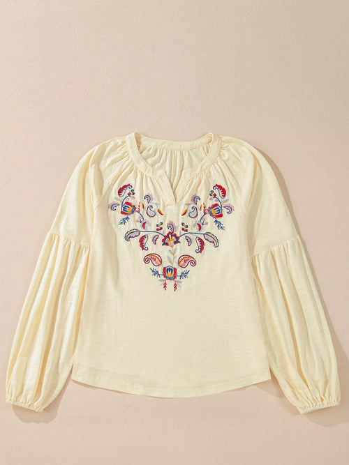 Embroidered Notched Balloon Sleeve Blouse