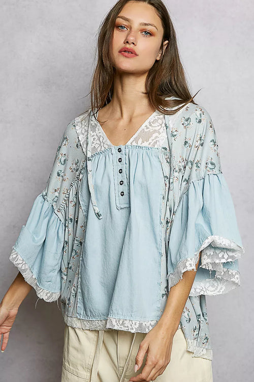 POL Double Gauze Floral Patch Blouse with Lace Detail