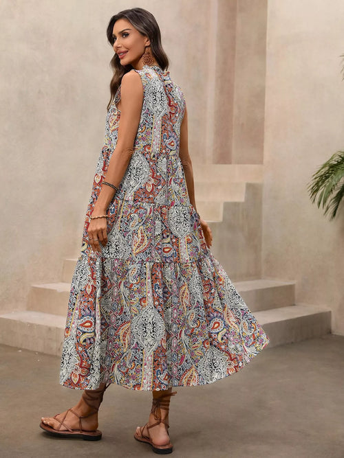 Paisley Print Tie Neck Sleeveless Midi Dress
