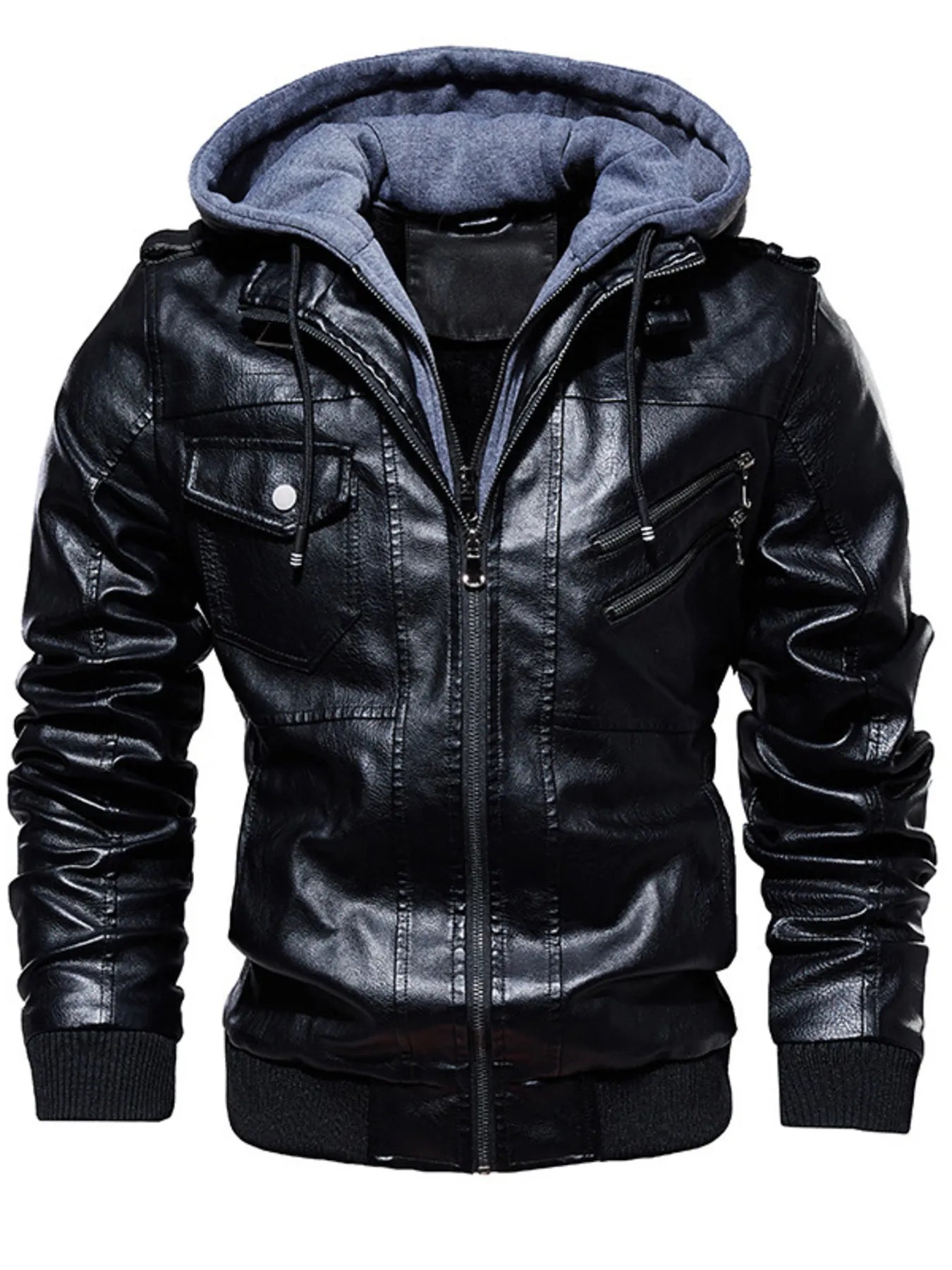 Men's Plus Size Zip Up Drawstring Hooded Jacket featuring a black leather design and dual hood.