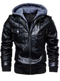 Men's Plus Size Zip Up Drawstring Hooded Jacket featuring a black leather design and dual hood.