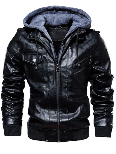Men's Plus Size Zip Up Drawstring Hooded Jacket featuring a black leather design and dual hood.