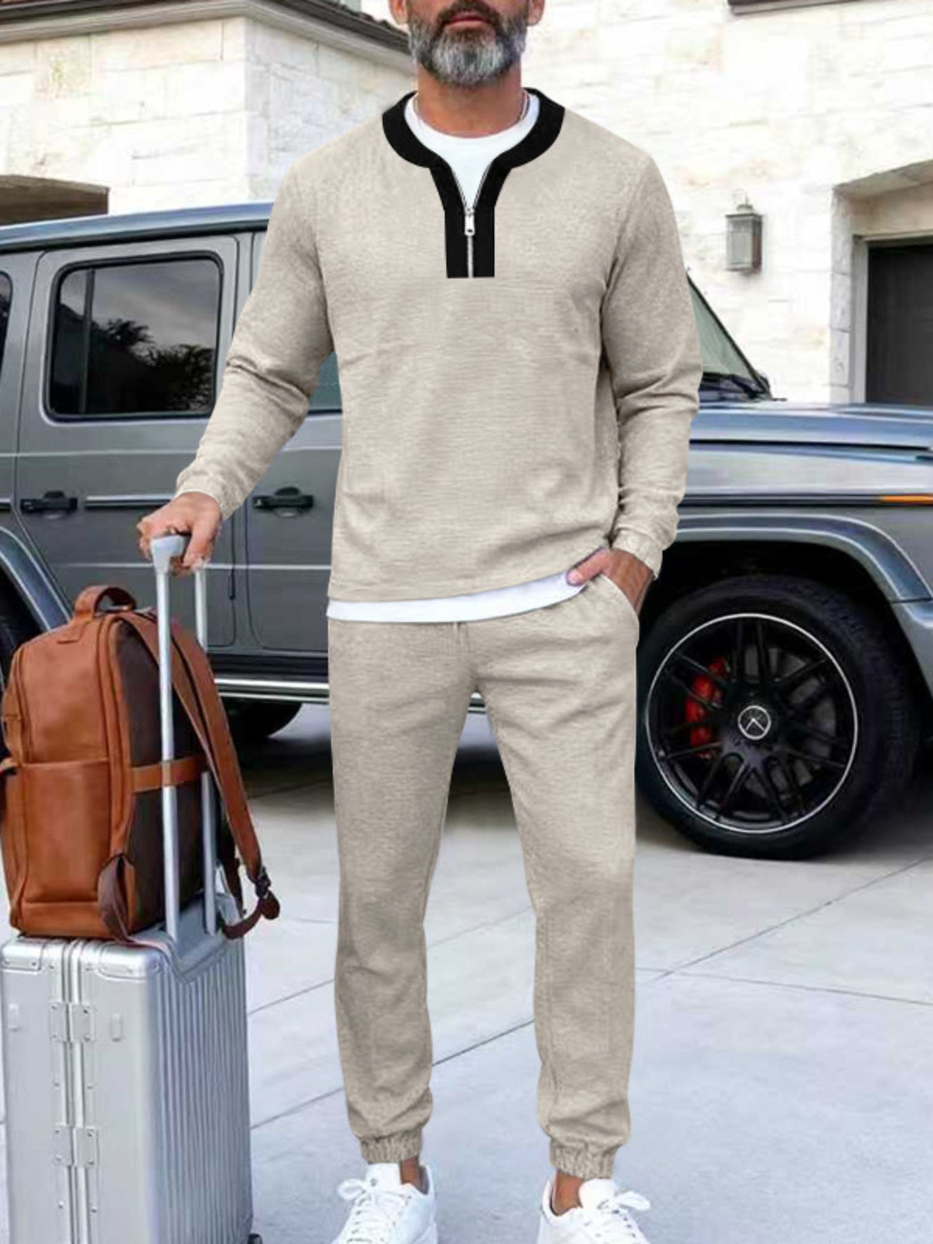 Men's zip-neck long-sleeve top and matching pants set