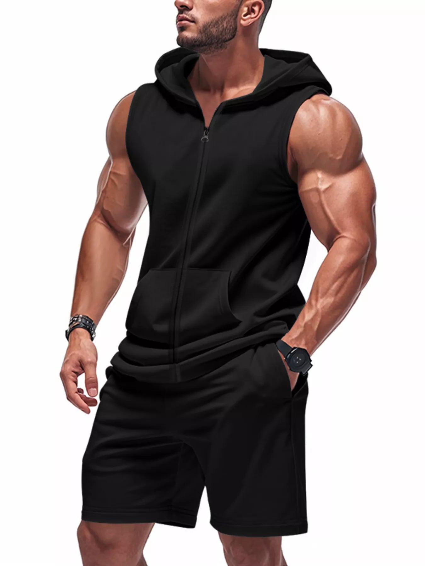 Men's sleeveless zip-up hoodie and shorts set