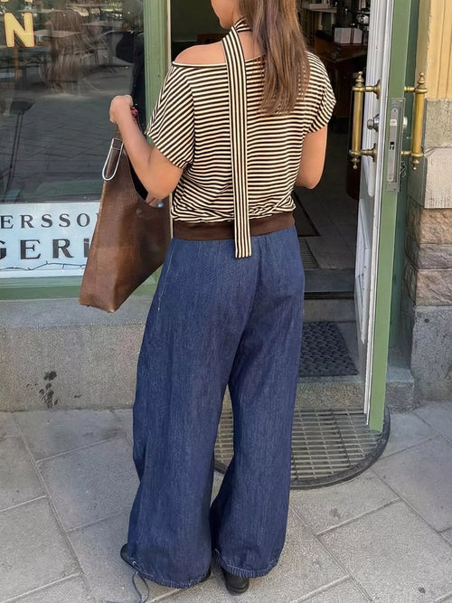 Striped Single Shoulder T-Shirt