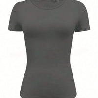 Round Neck Short Sleeve T-Shirt in dark gray, featuring a basic style with moderate stretch.