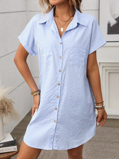 Striped Button Down Short Sleeve Mini Dress in blue and white stripes, featuring a button front and pocket.