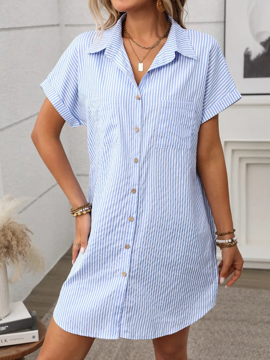 Striped Button Down Short Sleeve Mini Dress in blue and white stripes, featuring a button front and pocket.