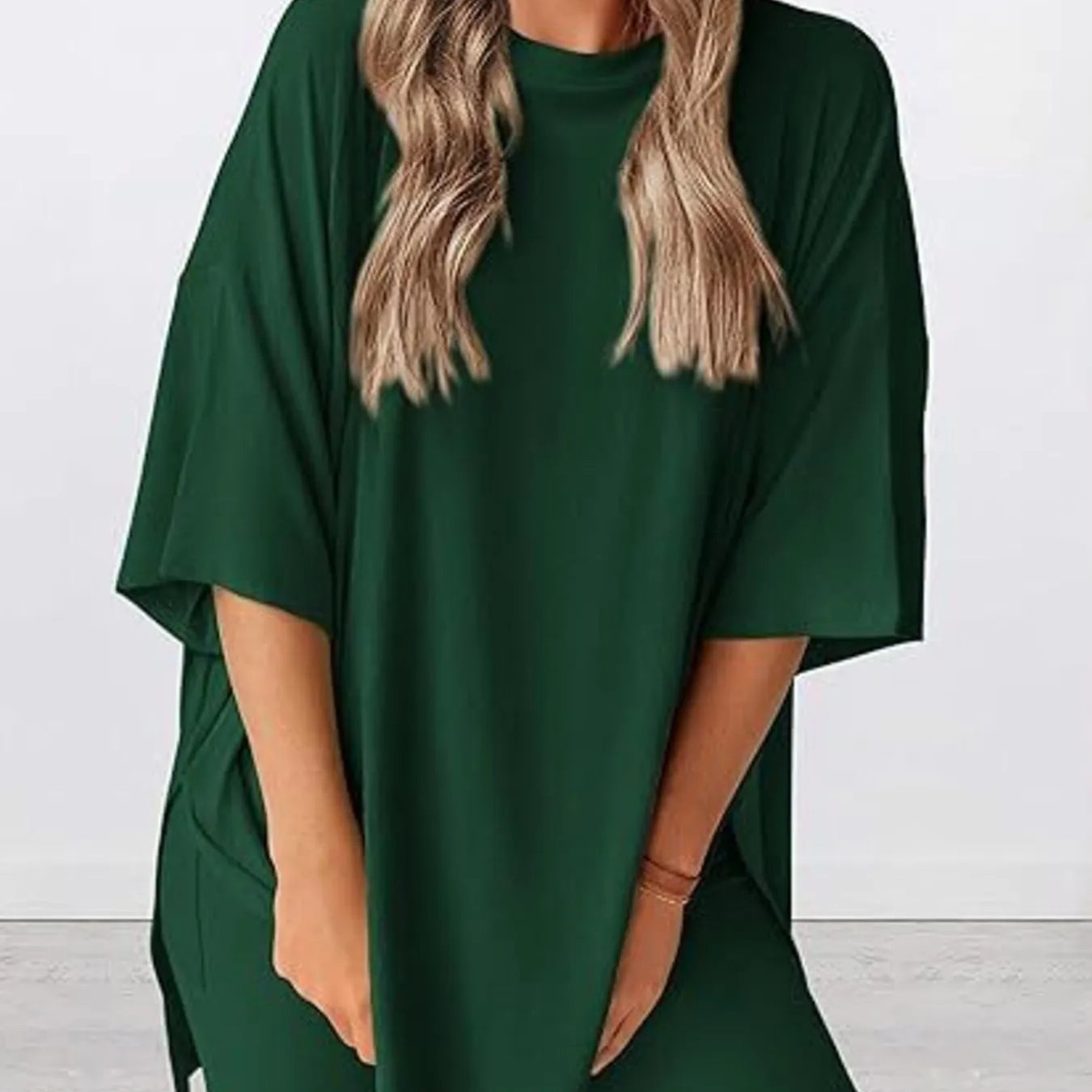 Full Size Oversized Slit Round Neck Top and Shorts Lounge Set Plus Size in dark green on a model.