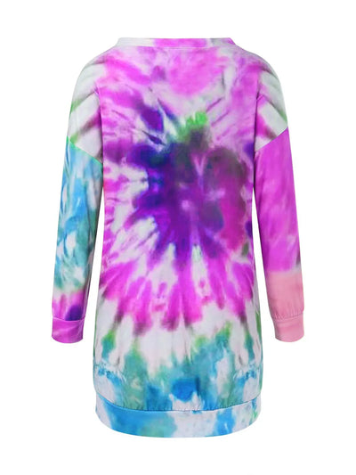 Back view of Full Size Tie-Dye Round Neck Long Sleeve Dress in vibrant colors featuring a unique tie-dye pattern.