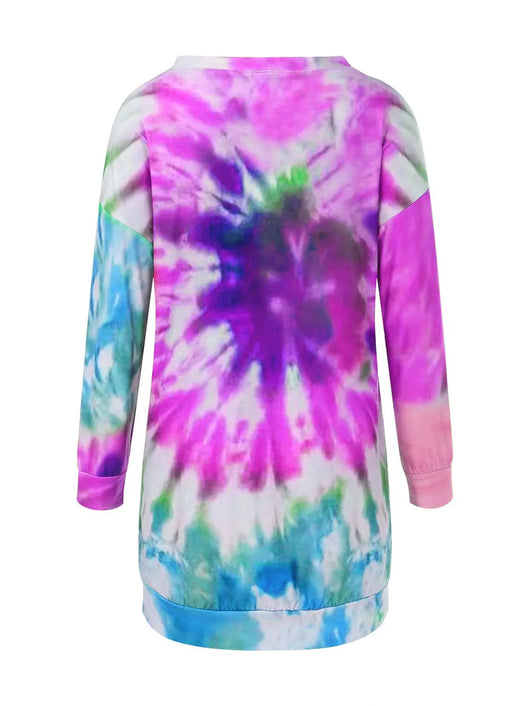 Back view of Full Size Tie-Dye Round Neck Long Sleeve Dress in vibrant colors featuring a unique tie-dye pattern.