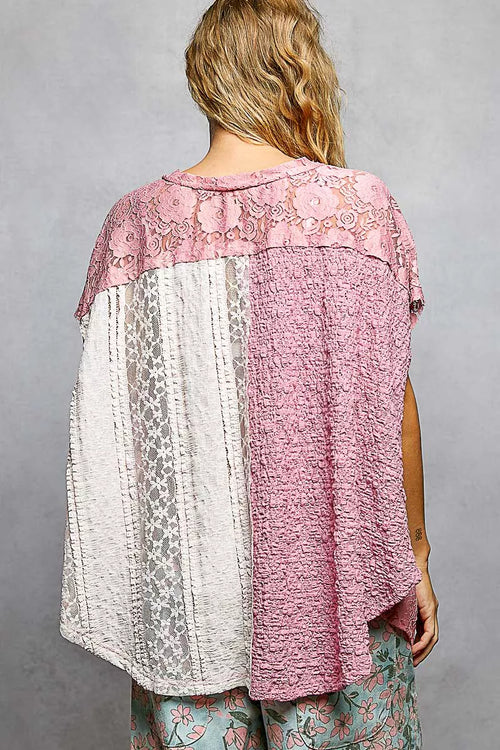 POL Asymmetrical V-Neck Short Sleeve Lace Top