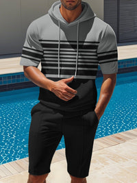 Men's striped short-sleeve hoodie and shorts set