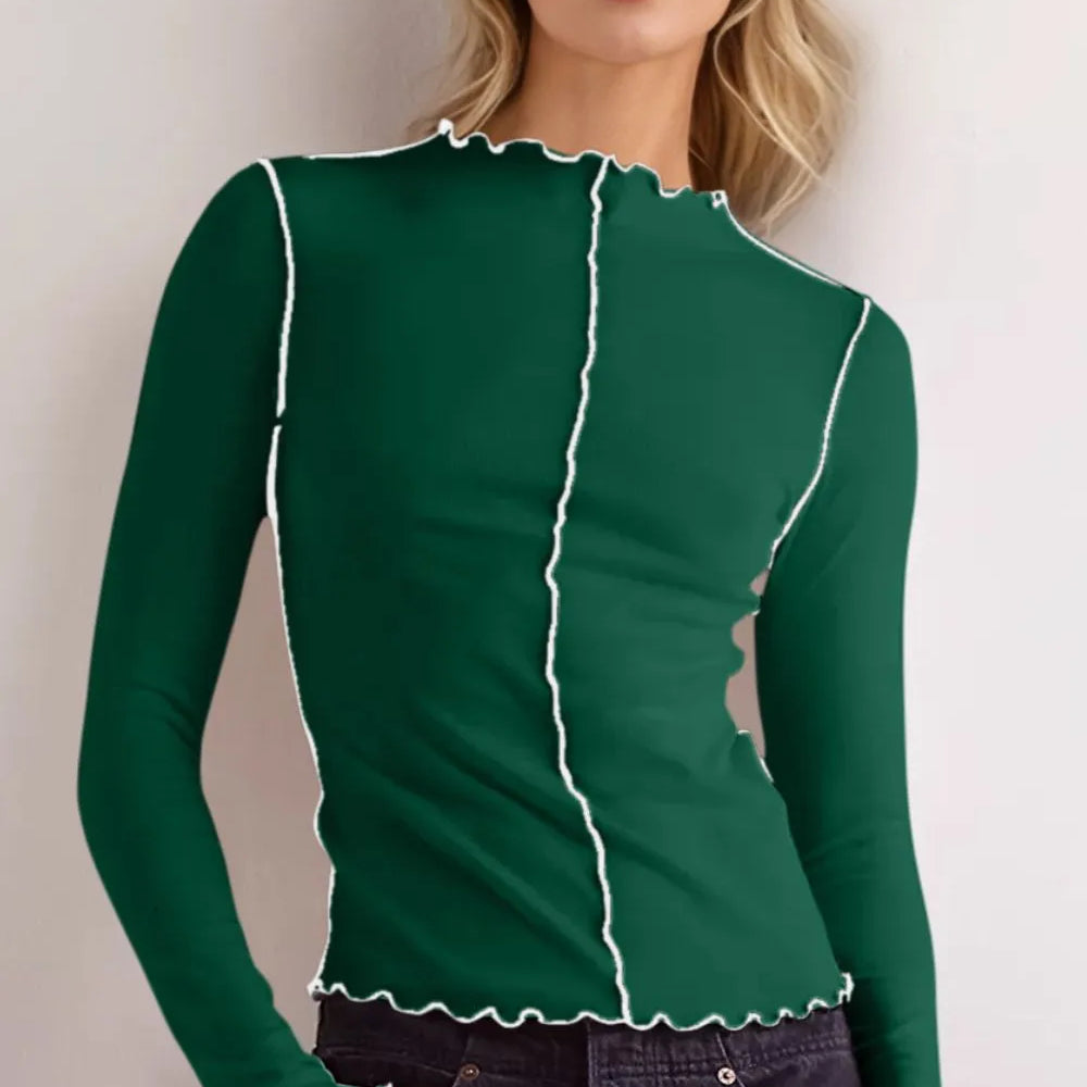 Basic Bae Contrast Trim Mock Neck Long Sleeve T-Shirt in green with decorative trim, styled on a model.
