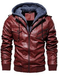 Men's Plus Size Zip Up Drawstring Hooded Jacket in burgundy with multiple pockets and thick material.