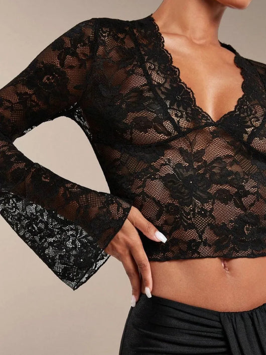 V-Neck Flare Sleeve Lace Top in black lace sheer fabric featuring long flared sleeves and a scalloped neckline.