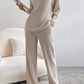 Khaki Slouchy Ribbed Knit V Neck Top & Pants Loungewear Set