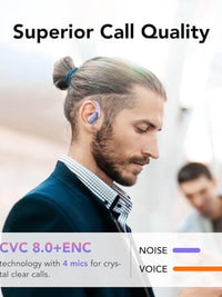 Man wearing CASCHO wireless earbuds highlighting superior call quality with CVC 8.0 and 4 mic technology.
