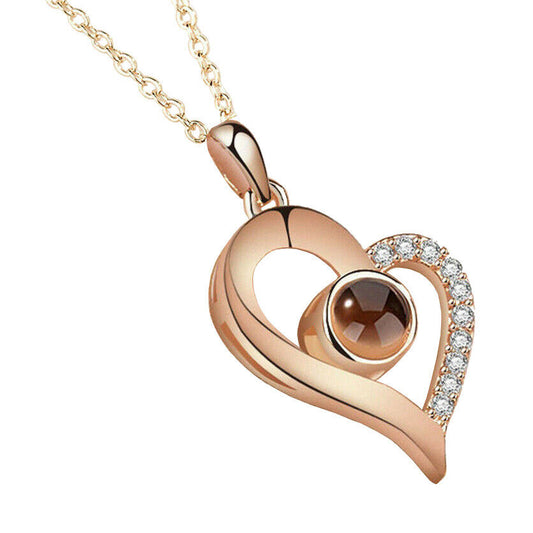 Silver Rosegold Plated 100 Language I Love You Projection Heart Pendant Necklace