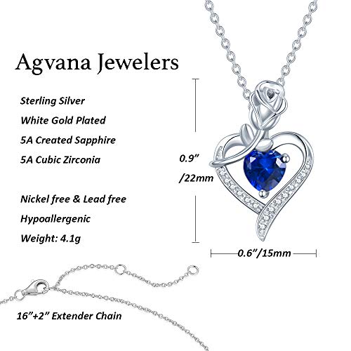 AGVANA September Birthstone Jewelry Sapphire Necklace Valentines Day Gifts for Her Sterling Silver Rose Flower Heart Pendant Necklace Fine Jewelry Anniversary Birthday Gifts for Women Girls Mom Wife