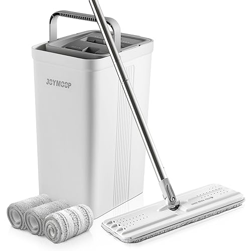 JOYMOOP mop and bucket with Wringer Set, Flat ,for floor cleaning with 3 Microfiber Pads, Wet and Dry Use, Household cleaning Tools, for Hardwood, Laminate, Tile