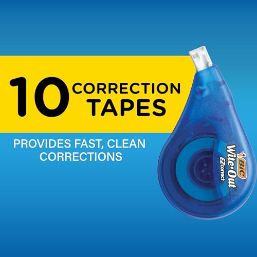 BIC Wite-Out Brand EZ Correct Correction Tape (WOTAP10- WHI), 39.3 Feet, 10-Count Pack of white Correction Tape, Fast, Clean and Easy to Use Tear-Resistant Tape