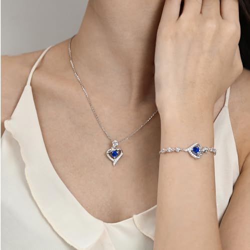 AGVANA September Birthstone Jewelry Sapphire Necklace Valentines Day Gifts for Her Sterling Silver Rose Flower Heart Pendant Necklace Fine Jewelry Anniversary Birthday Gifts for Women Girls Mom Wife