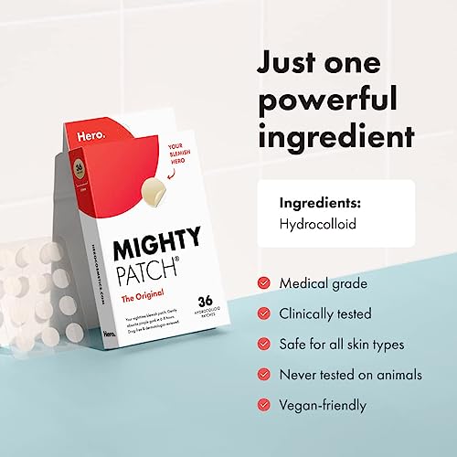 Mighty Patch Original from Hero Cosmetics - Hydrocolloid Acne Pimple Patch for Covering Zits and Blemishes, Spot Stickers for Face and Skin, Vegan-friendly and Not Tested on Animals (36 Count)