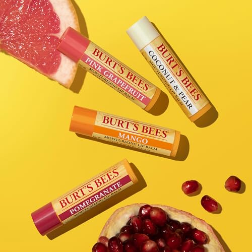 Burt's Bees Lip Balm Valentines Day Gifts, Pink Grapefruit, Mango, Coconut and Pear & Pomegranate, With Responsibly Sourced Beeswax, Tint-Free, Natural Conditioning Lip Treatment, 4 Tubes, 0.15 oz.