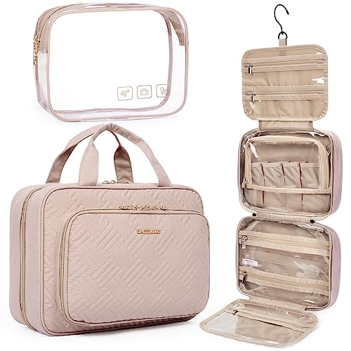 BAGSMART Toiletry Bag Hanging Travel Makeup Organizer with TSA Approved Transparent Cosmetic Bag Makeup Bag for Full Sized Toiletries, Large-Pink