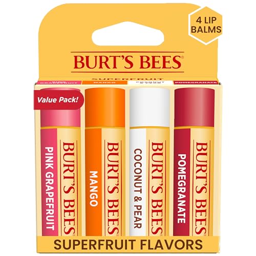 Burt's Bees Lip Balm Valentines Day Gifts, Pink Grapefruit, Mango, Coconut and Pear & Pomegranate, With Responsibly Sourced Beeswax, Tint-Free, Natural Conditioning Lip Treatment, 4 Tubes, 0.15 oz.