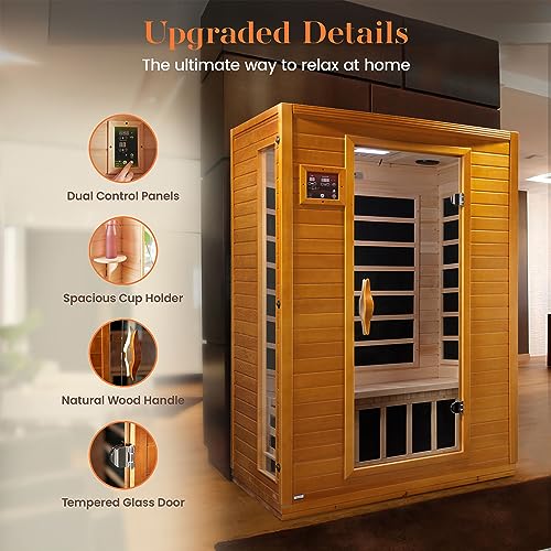 Dynamic Andora 2 Person Low EMF 6 Heating Panel Infrared Therapy Wood Dry Heat Sauna with Bluetooth, MP3 Aux Connection for Home Spa Days - Curbside Delivery