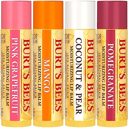 Burt's Bees Lip Balm Valentines Day Gifts, Pink Grapefruit, Mango, Coconut and Pear & Pomegranate, With Responsibly Sourced Beeswax, Tint-Free, Natural Conditioning Lip Treatment, 4 Tubes, 0.15 oz.