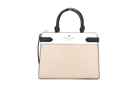 Kate Spade New York Staci Medium Saffiano Leather Satchel Purse in Warm Beige/Black