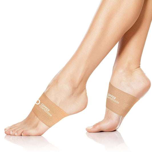 Copper Compression Arch Support - 2 Pain Relief Foot Care Brace Sleeves for Plantar Fasciitis, Heel Spurs - Wide Narrow Feet - Flat & Fallen Arches, High Arch - One Size - 1 Pair - Nude