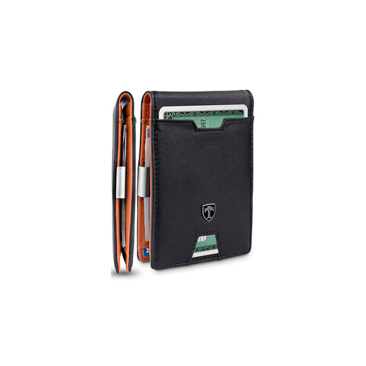 TRAVANDO Mens Slim Wallet with Money Clip AUSTIN RFID Blocking Bifold Credit Card Holder for Men with Gift Box (Black & Orange)
