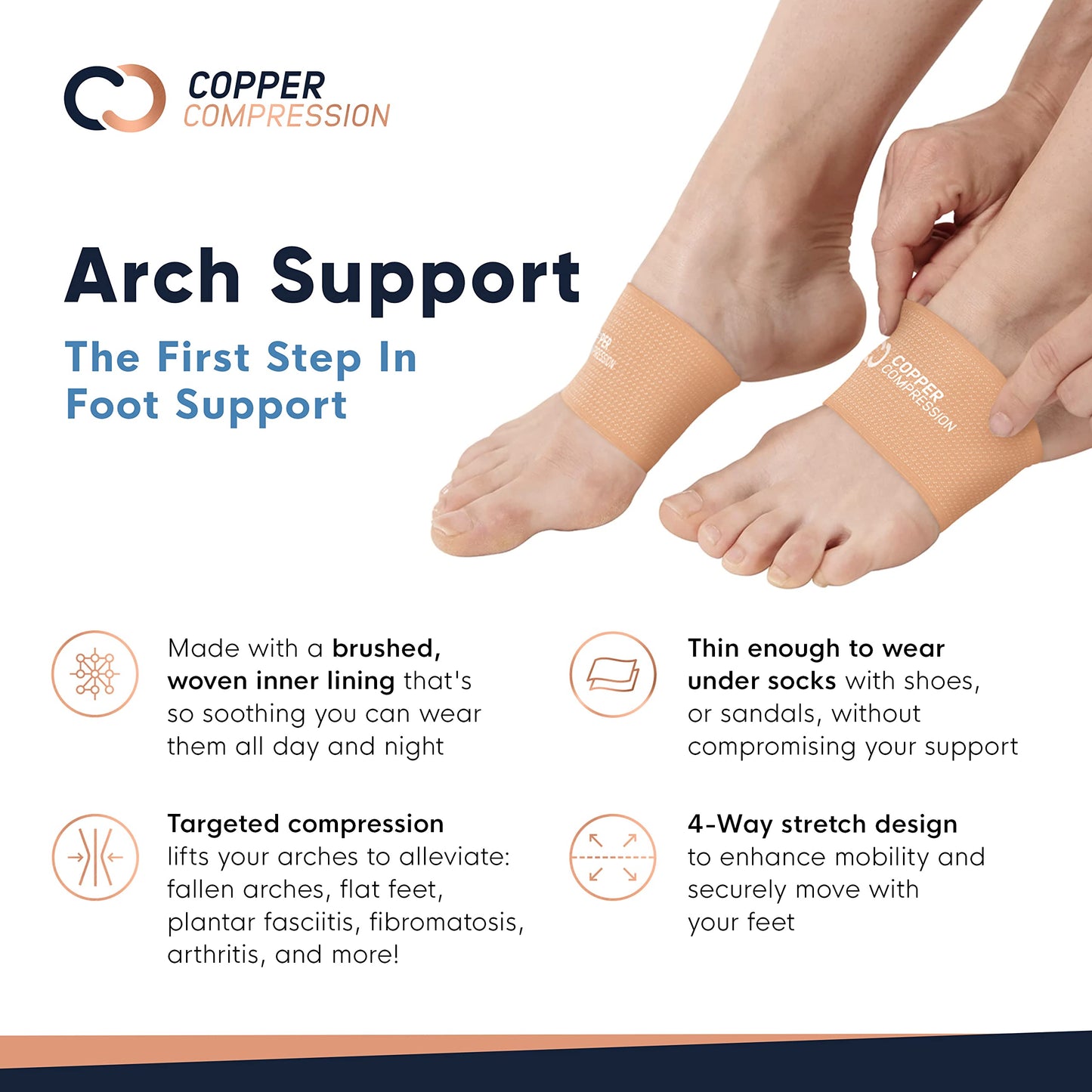 Copper Compression Arch Support - 2 Pain Relief Foot Care Brace Sleeves for Plantar Fasciitis, Heel Spurs - Wide Narrow Feet - Flat & Fallen Arches, High Arch - One Size - 1 Pair - Nude