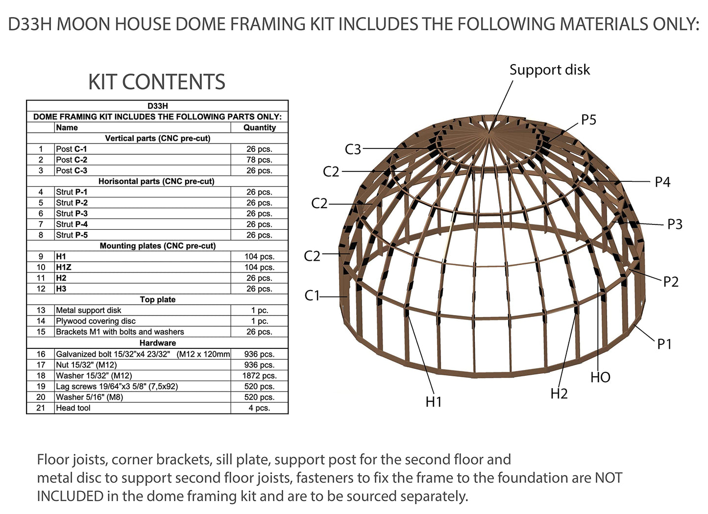 ECOHOUSEMART Moon House 33' DIAM Dome FRAMING KIT D33H-986, Dark brown