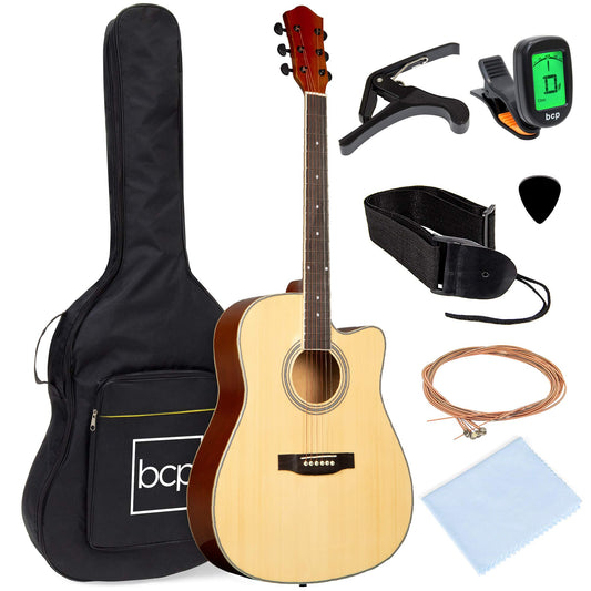 Best Choice Products 41in Beginner Acoustic Guitar Full Size All Wood Cutaway Guitar Starter Set Bundle with Case, Strap, Capo, Strings, Picks, Tuner - Natural