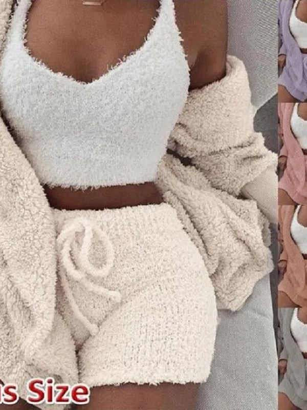 Fluffy Pajamas Set for Women Casual Sleepwear Tank Top and Shorts plus Size Hoodie Leisure Homsuit Winter 3 Pieces Pijamas