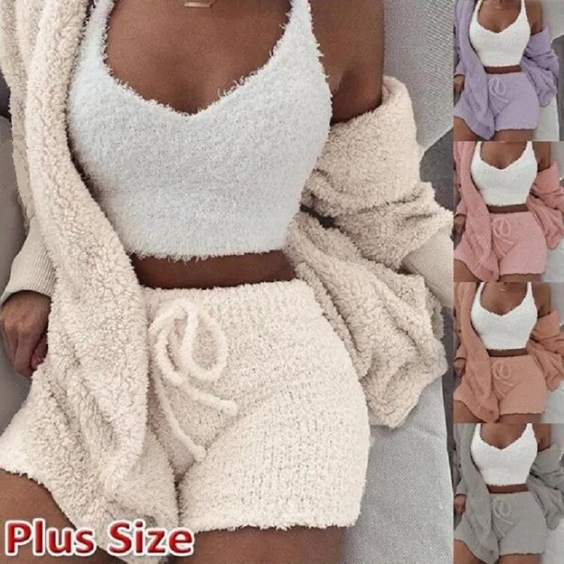 Fluffy Pajamas Set for Women Casual Sleepwear Tank Top and Shorts plus Size Hoodie Leisure Homsuit Winter 3 Pieces Pijamas