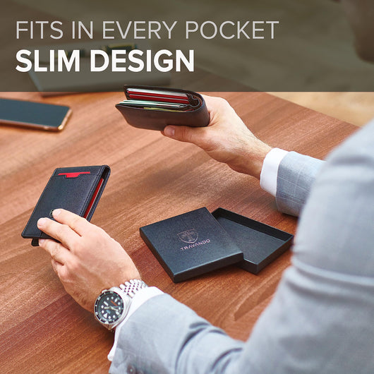 TRAVANDO Mens Slim Wallet with Money Clip AUSTIN RFID Blocking Bifold Credit Card Holder for Men with Gift Box (Black & Orange)