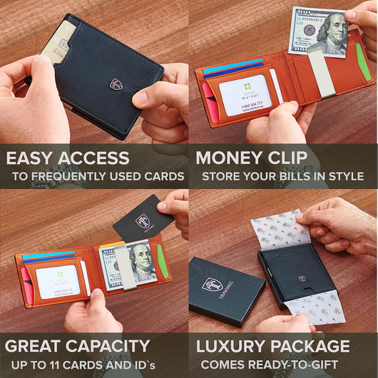 TRAVANDO Mens Slim Wallet with Money Clip AUSTIN RFID Blocking Bifold Credit Card Holder for Men with Gift Box (Black & Orange)