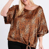 Short Sleeve Side Knot Hemline Leopard Print Woven Top