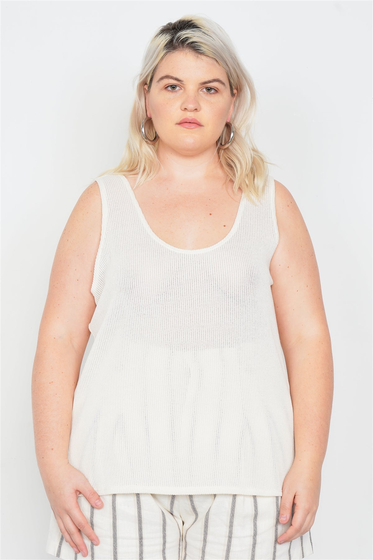 Plus Size Sheer Ivory Ribbed Causal Tank Top
