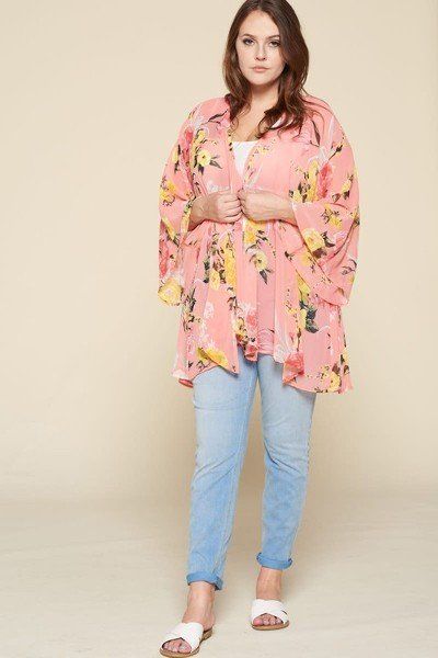 Plus Size Floral Printed Oversize Flowy And Airy Kimono With Dramatic Bell Sleeves